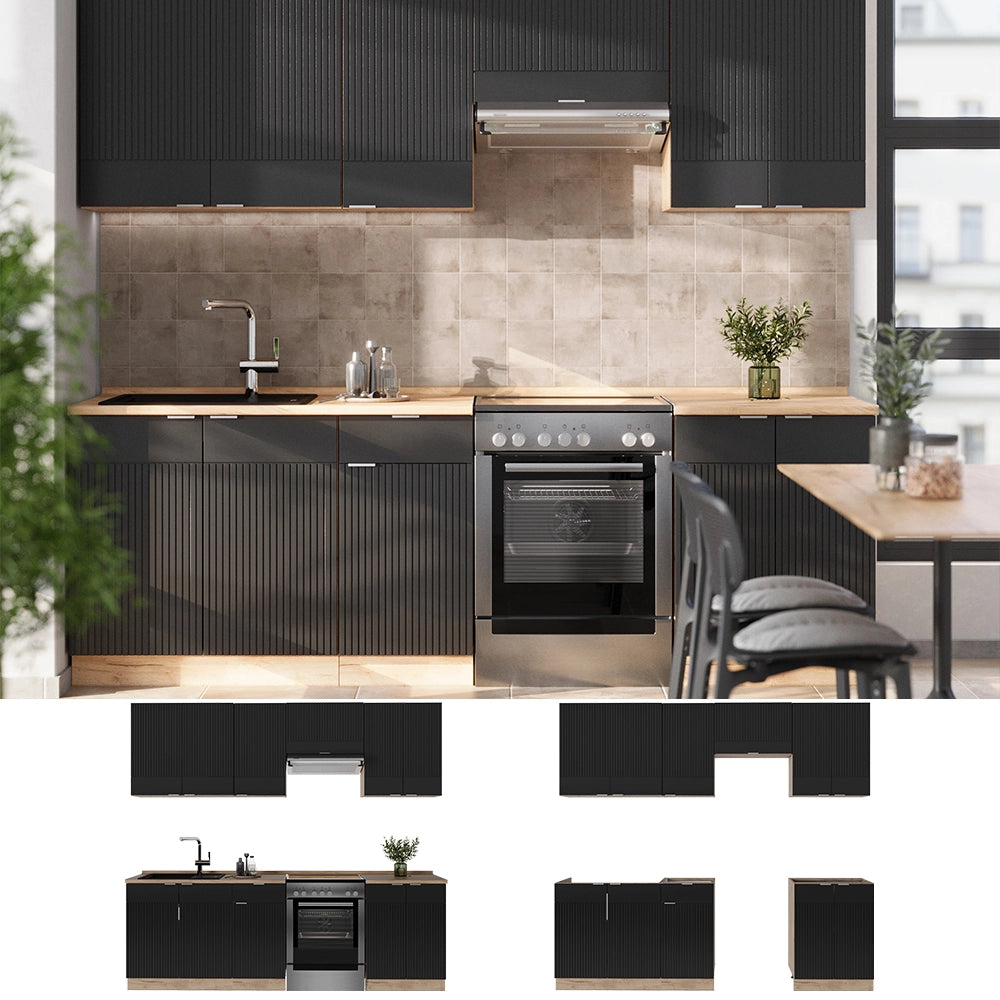 Cucina componibile Fame-Line Nero rigato/Rovere dorato 240 cm, PL Antracite Vicco