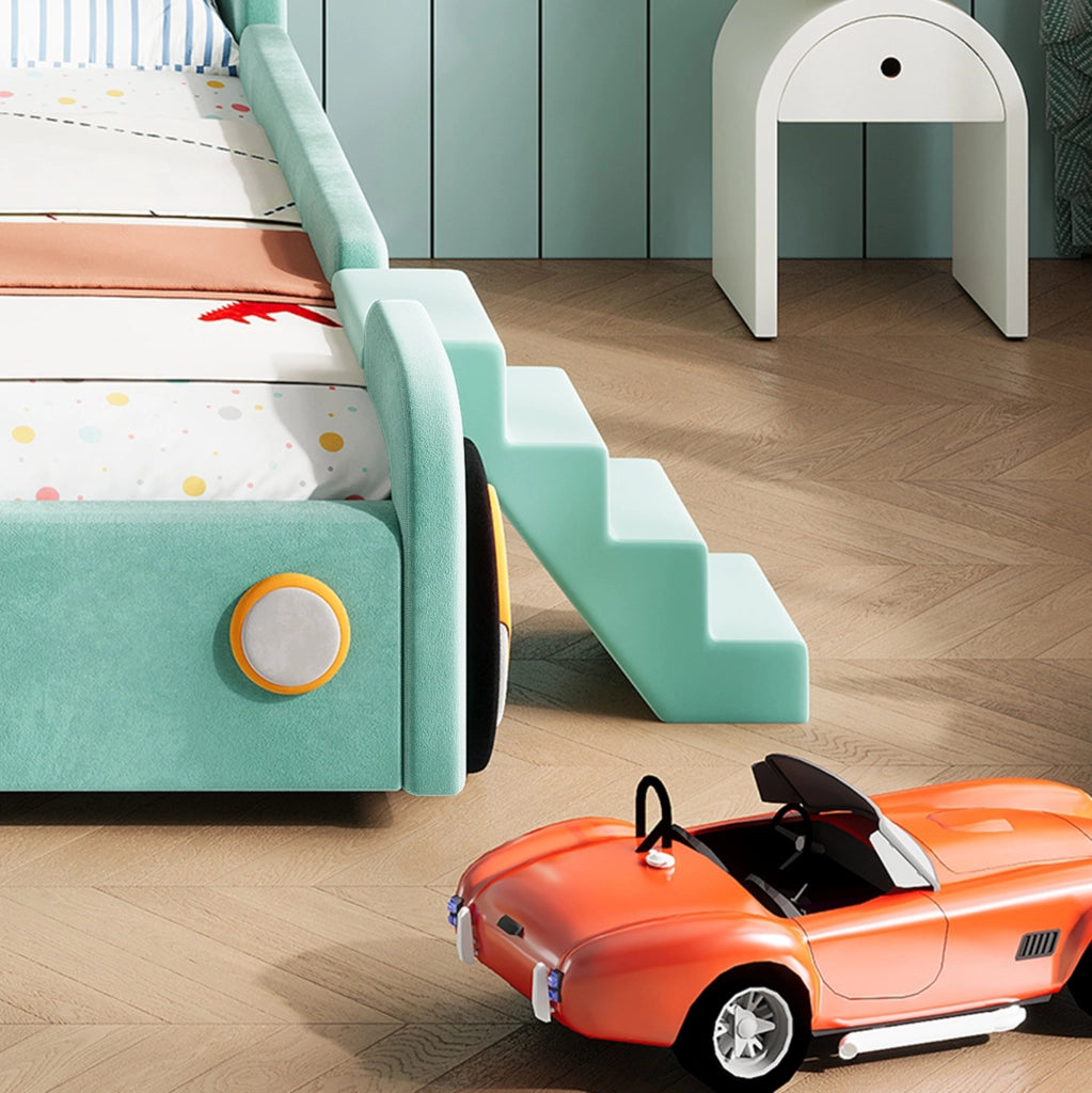 Letto per bambini a forma di auto con scivolo e scala, montaggio sinistro/destro, imbottito blu-verde, 90x200 cm