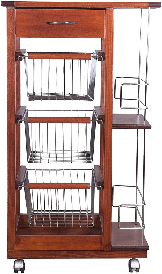 Carrello Cucina Salvaspazio in Legno di Faggio con Cassetto E Cesti Contenitori Portabottiglie Vino 4 Ruote Gir Ciliegio