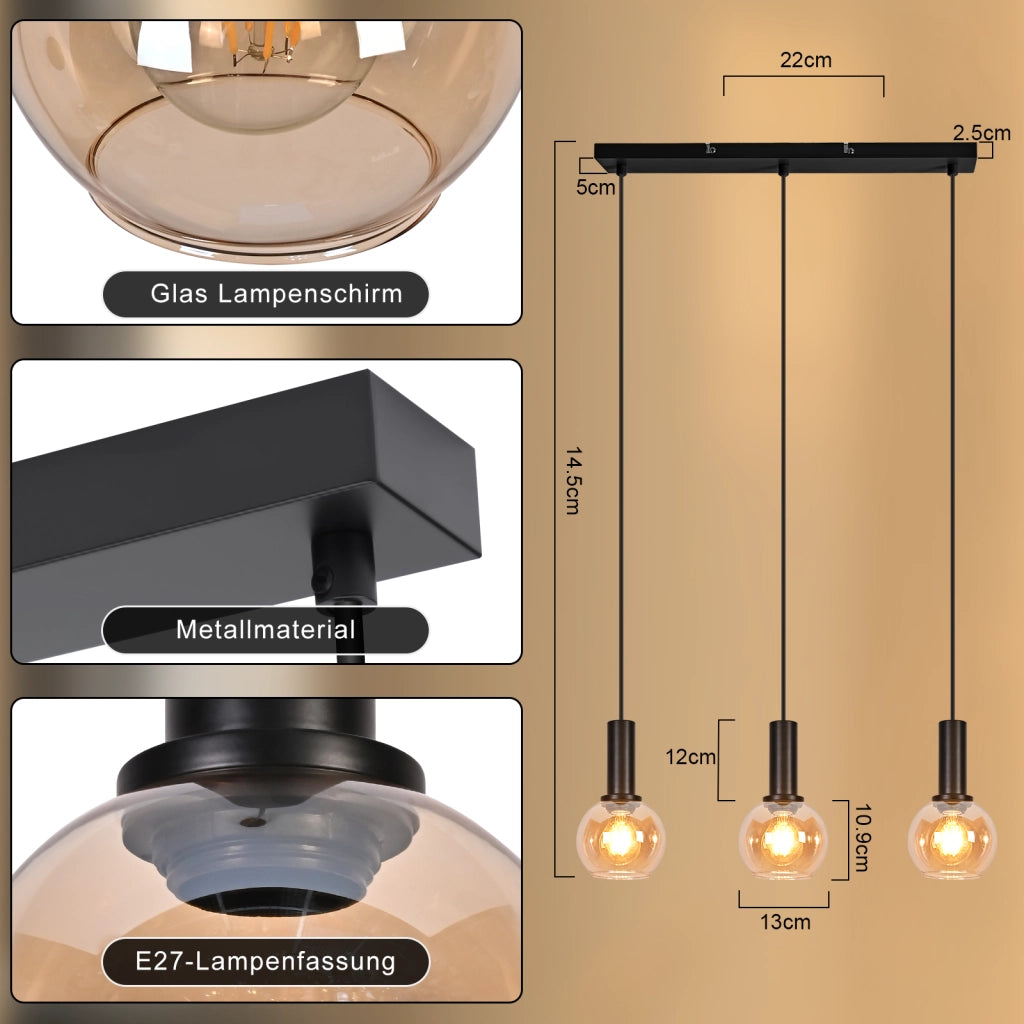 ZMH Lampada a Sospensione 3Luci Vintage in Vetro Oro Altezza Regolabile E27 per Sala da Pranzo Soggiorno Senza Lampadina