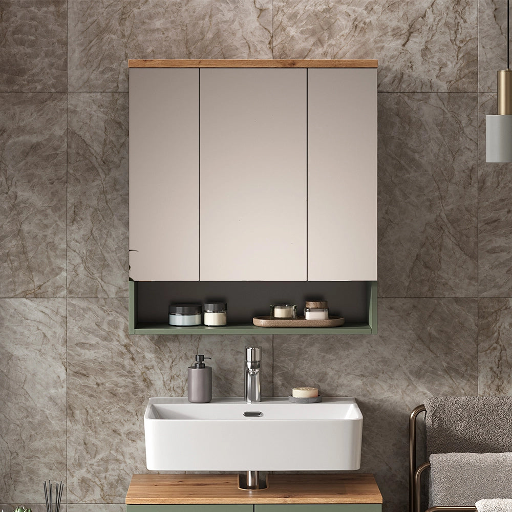 Vicco Specchio contenitore bagno Verde/Artigianale 70 x 77.5 cm con 3 ante a specchio