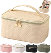 Borsa per bagno per donne, borse da viaggio impermeabili, contenitori per trucco in pelle PU, grandi contenitori per trucco con spazzola, organizzatore per bagno, borse da trucco portatili (M beige)