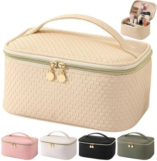 Borsa per bagno per donne, borse da viaggio impermeabili, contenitori per trucco in pelle PU, grandi contenitori per trucco con spazzola, organizzatore per bagno, borse da trucco portatili (M beige)