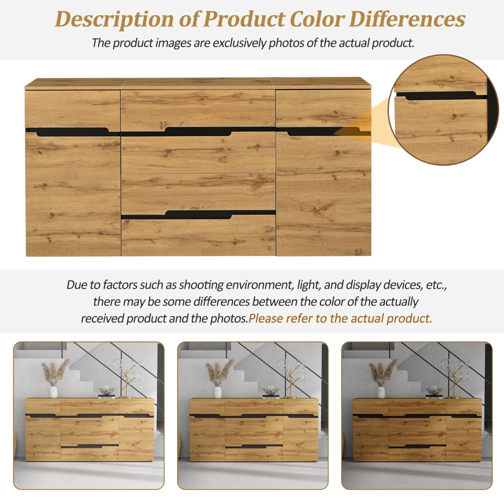 Credenza e madia con 2 ante e 4 cassetti, per soggiorno, in truciolato, color legno e nero, 160 × 40 × 80 cm
