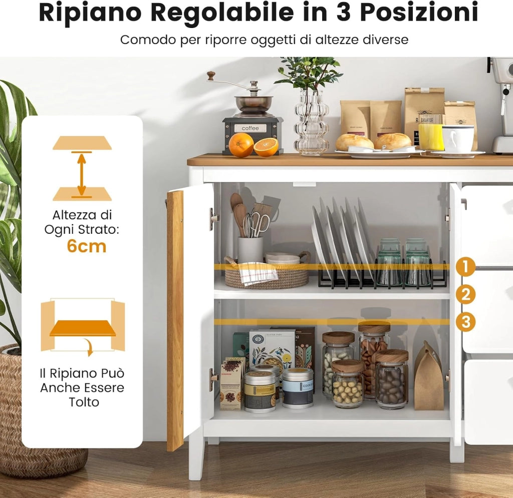 Credenza Buffett da Cucina con Armadietto a 2 Ante con Ripiano Regolabile su 3 Livelli, Mobile da Sala Pranzo con 3 Cassetti, Credenza Salvaspazio per Soggiorno e Salotto, 106 x 40 x 80 cm