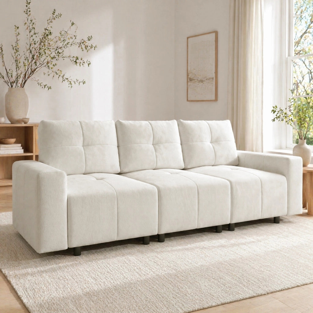 Divano modulare 3 posti con funzione letto e profondità regolabile in chenille beige