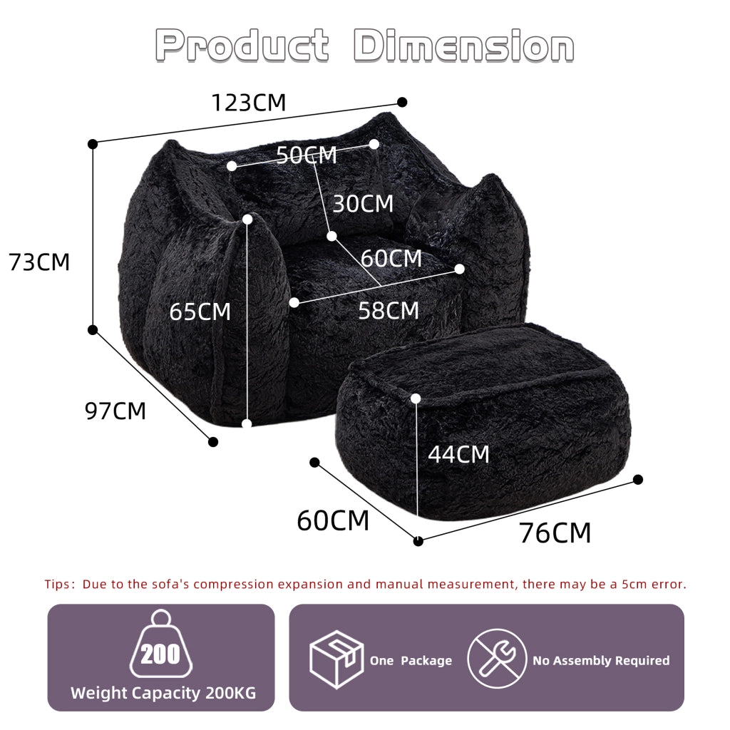Pouf poltrona in pelliccia sintetica con poggiapiedi, schienale ergonomico e imbottitura in schiuma, nero