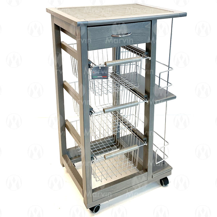 Carrello Cucina Salvaspazio in Legno di Faggio con Cassetto E Cesti Contenitori Portabottiglie Vino 4 Ruote Girev Grigio