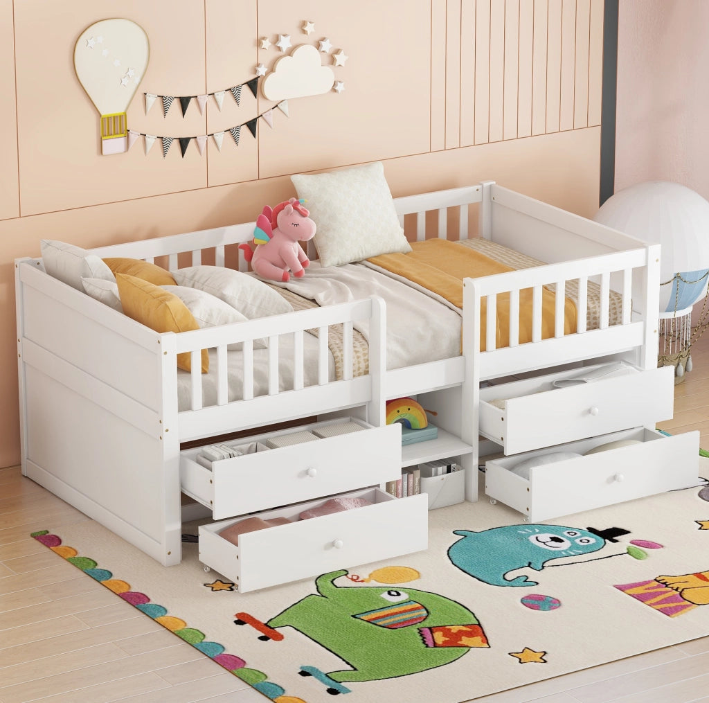 Letto a soppalco 90x200 cm con 4 cassetti; sponde di sicurezza e scala; bianco