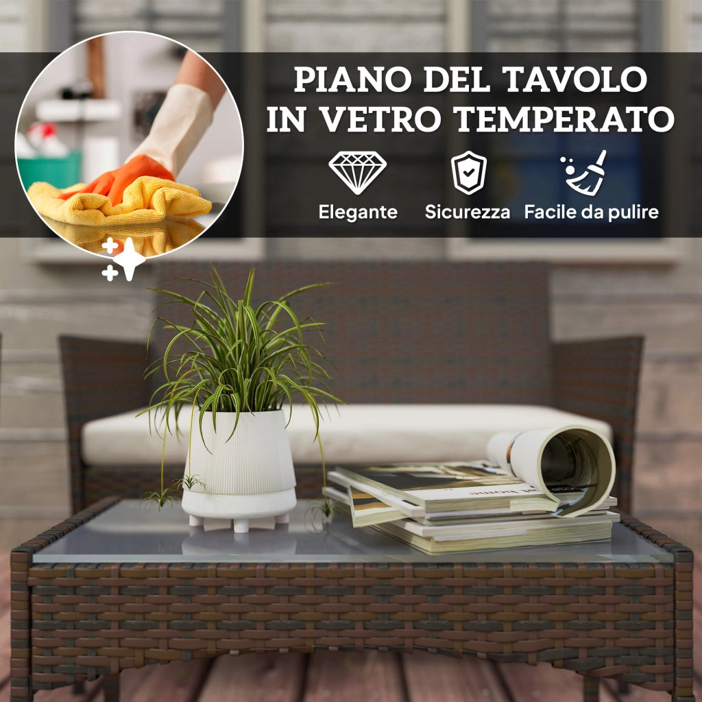 Set da Giardino 4 Pezzi con Divano 2 Sedie e Tavolino Basso con Piano in Vetro in Rattan Beige e Marrone