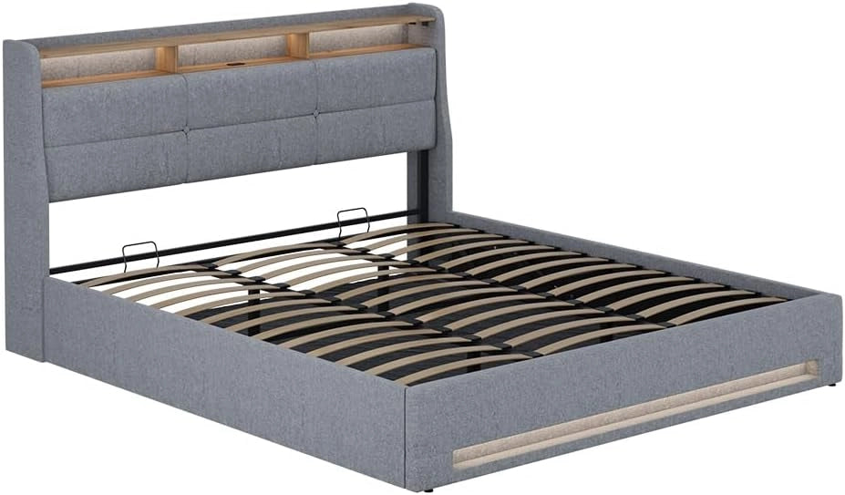 Letto imbottito Christin, Grigio/quercia, 180x200 con LED e porta USB