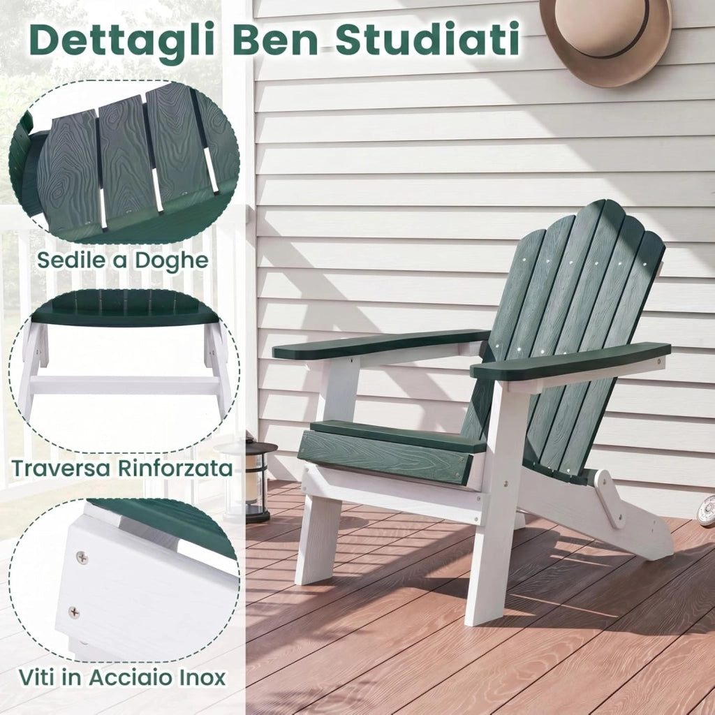 Sedia Adirondack Pieghevole da Giardino, Sedia da Patio in HIPS con Braccioli Larghi e Schienale Inclinato, Poltrona in Legno, per Giardino Cortile, Portata 180 kg (2, Verde+Bianco)