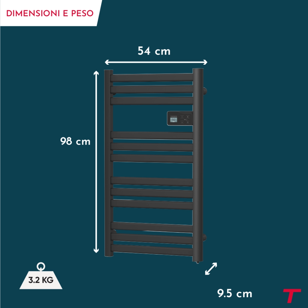 Scaldasalviette elettrico Thomson senza fluido, connesso al WiFi, con ventola da 500 W, nero cosmo