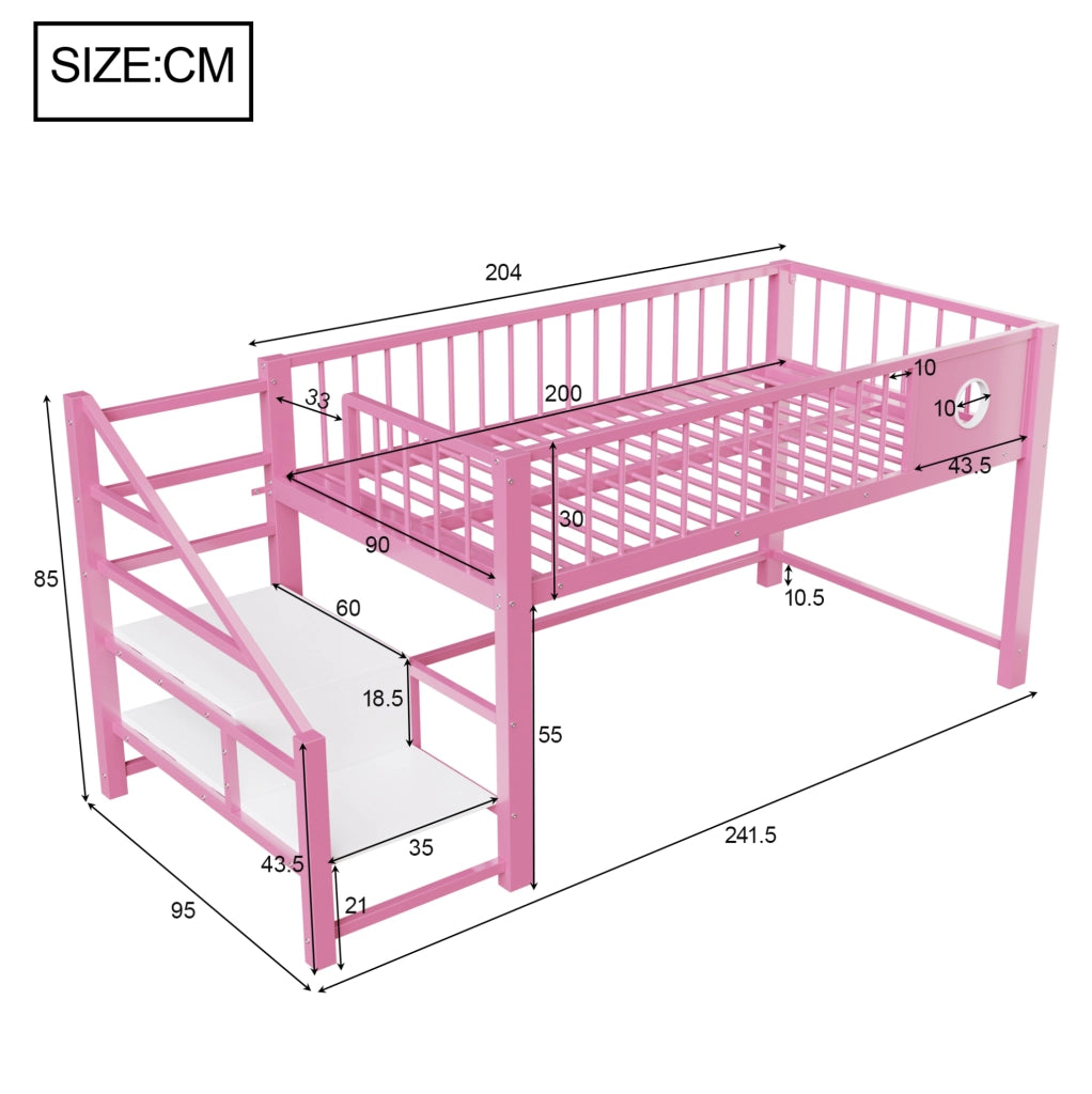 Letto a soppalco basso per bambini 90x200 cm rosa
