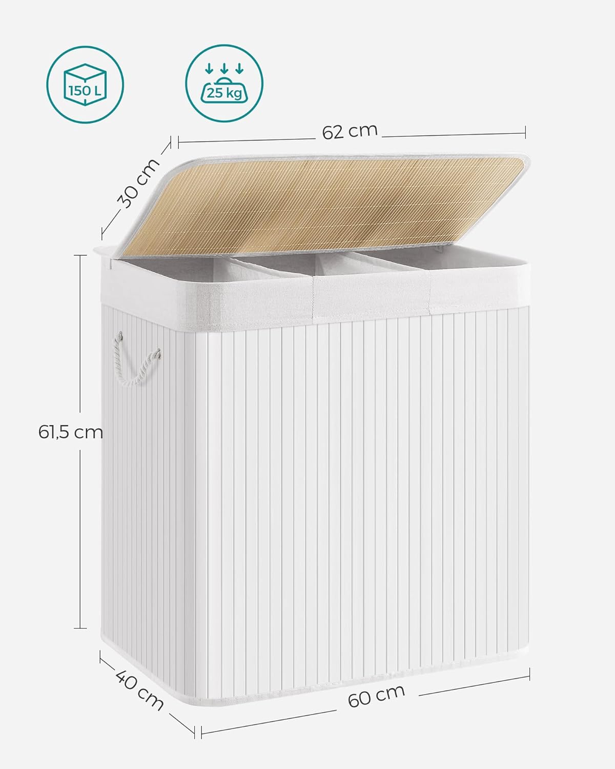 Cesto portabiancheria in bambù VALORA, tre scomparti, bianco, 150L LCB091W01 x3
