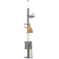 Albero per Gatti da Pavimento a Soffitto, di Altezza Regolabile 220-240cm, con Amaca, Piattaforme a Fiore, Tana, Rampa e Pallina, Grigio Chiaro