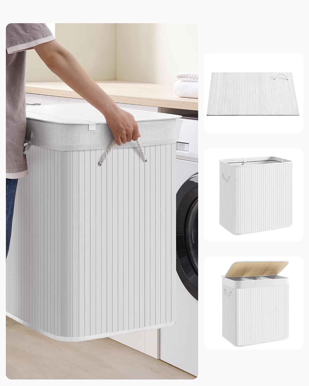 Cesto portabiancheria in bambù VALORA, tre scomparti, bianco, 150L LCB091W01 x3