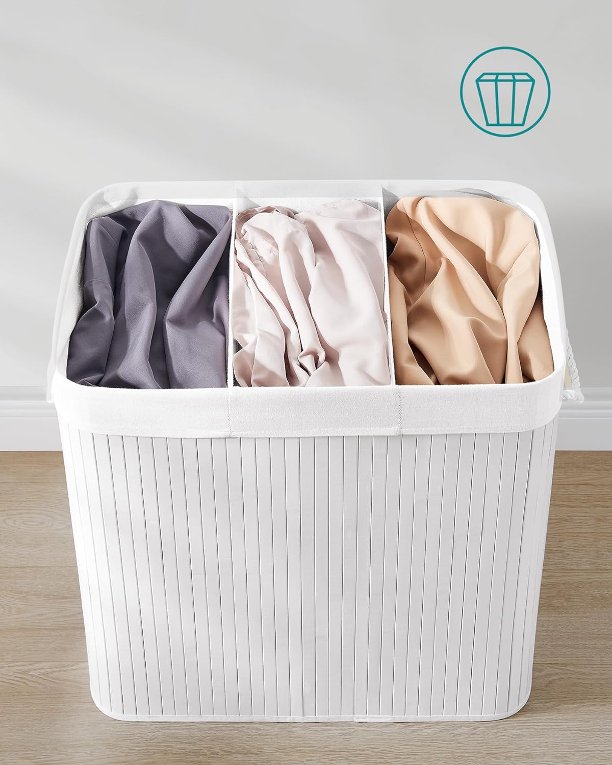 Cesto portabiancheria in bambù VALORA, tre scomparti, bianco, 150L LCB091W01 x3