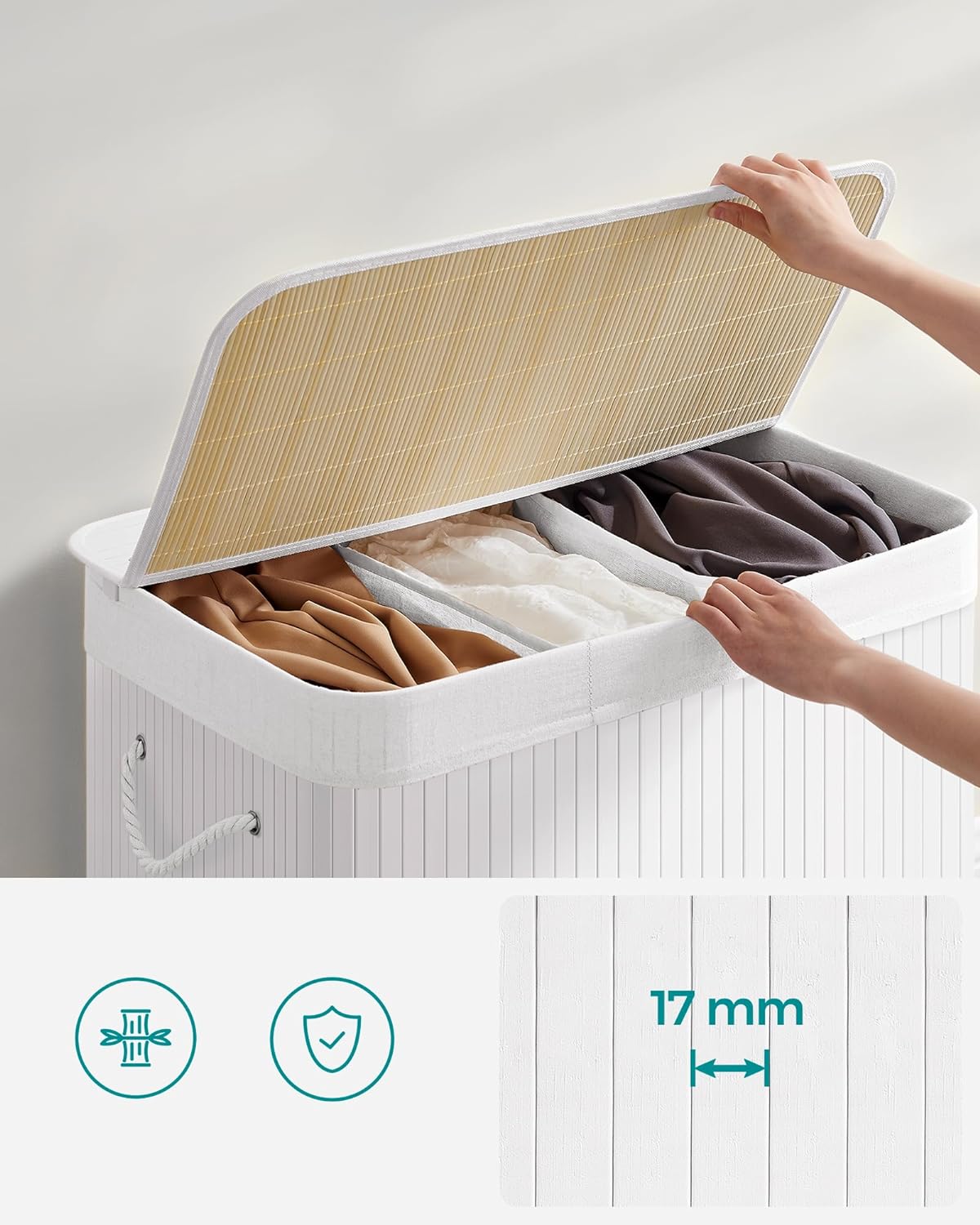 Cesto portabiancheria in bambù VALORA, tre scomparti, bianco, 150L LCB091W01 x3