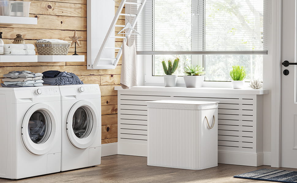 Cesto portabiancheria in bambù VALORA, tre scomparti, bianco, 150L LCB091W01 x3