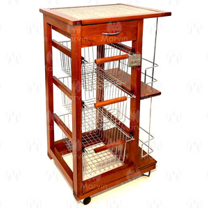 Carrello Cucina Salvaspazio in Legno di Faggio con Cassetto E Cesti Contenitori Portabottiglie Vino 4 Ruote Gir Ciliegio