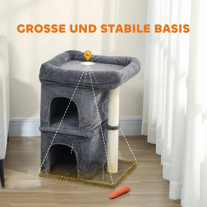 Tiragraffi per gatti, torre per gatti, 2 grotte, piattaforma, pali in sisal, compatto, grigio scuro