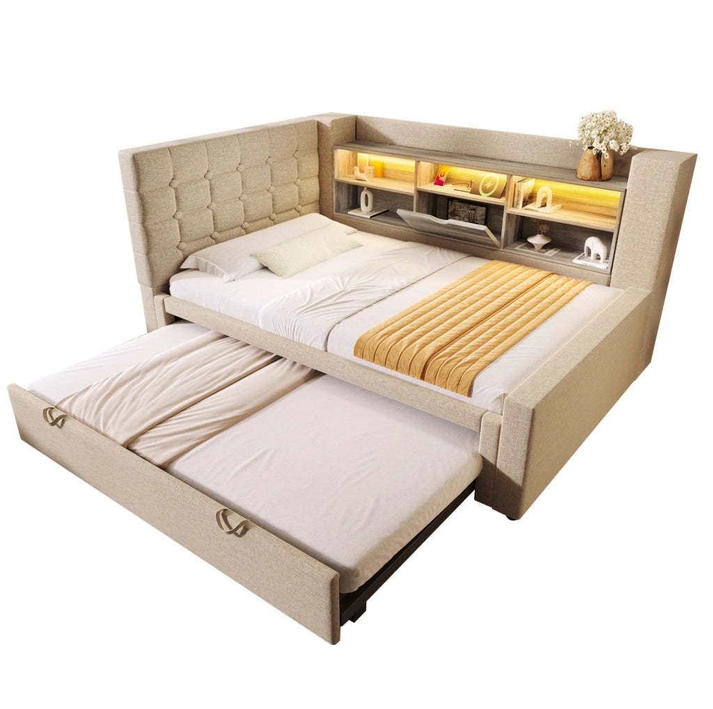 Letto imbottito con letto estraibile; LED e porte di ricarica; 90x200 cm; beige