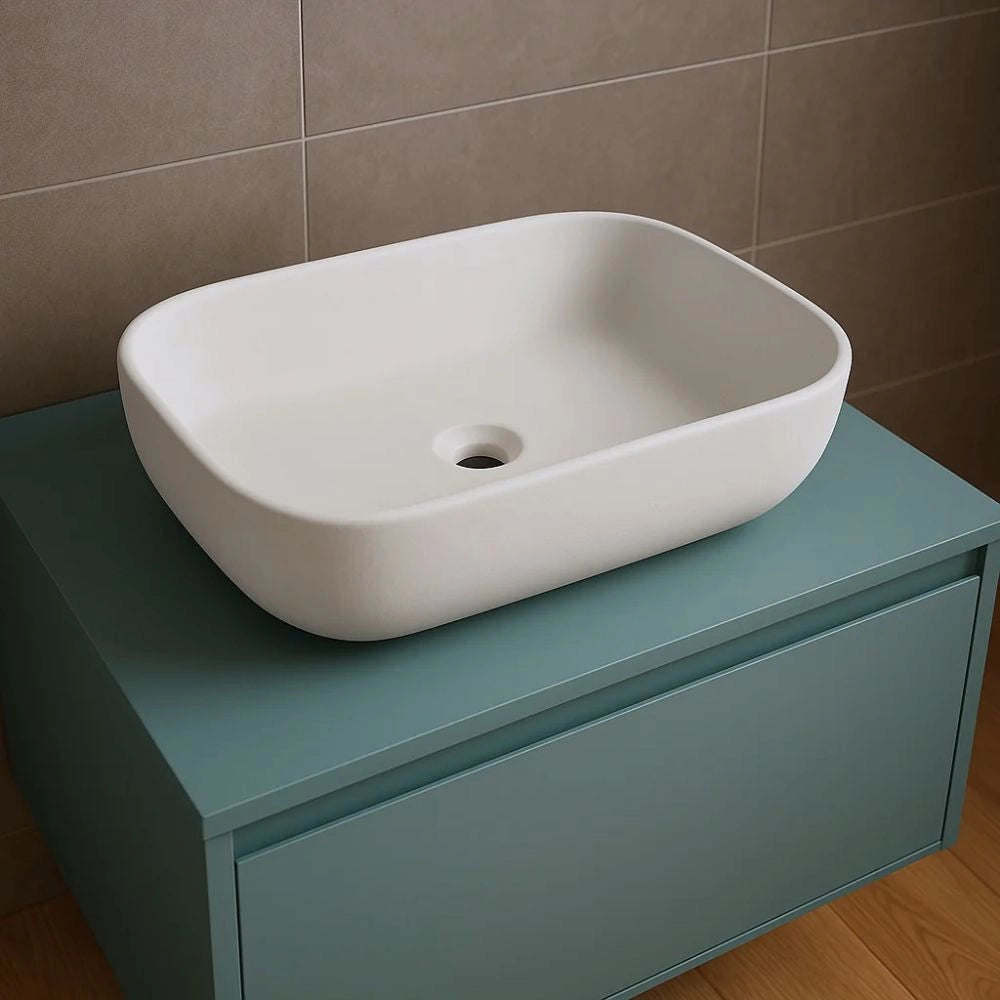 Lavabo da appoggio ceramica bianco rettangolare arredo bagno 50,5x40,5x14 cm *** finitura- opaco, confezione 1