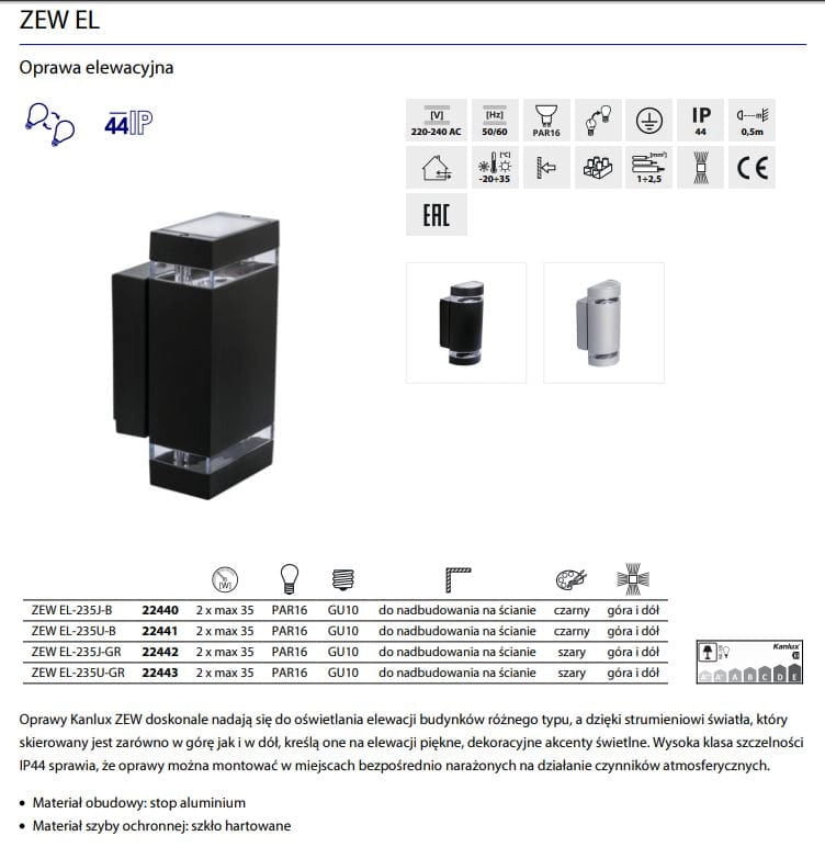 Applique esterna Kanlux ZEW 22443 grigia GU10 IP44 su/giù