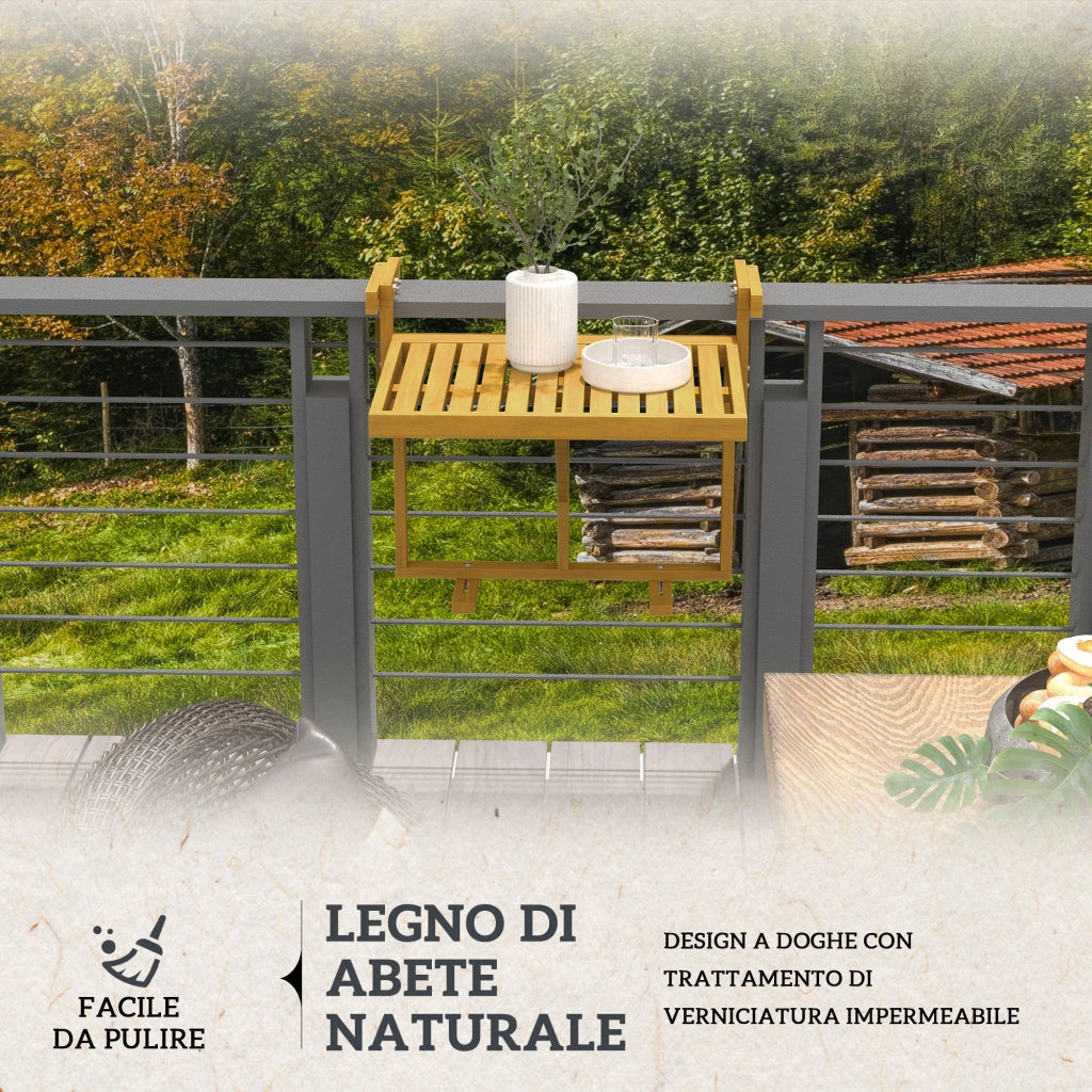 Tavolino da Ringhiera 68x65x55 cm per Balcone Pieghevole e Regolabile in Legno Colore Naturale
