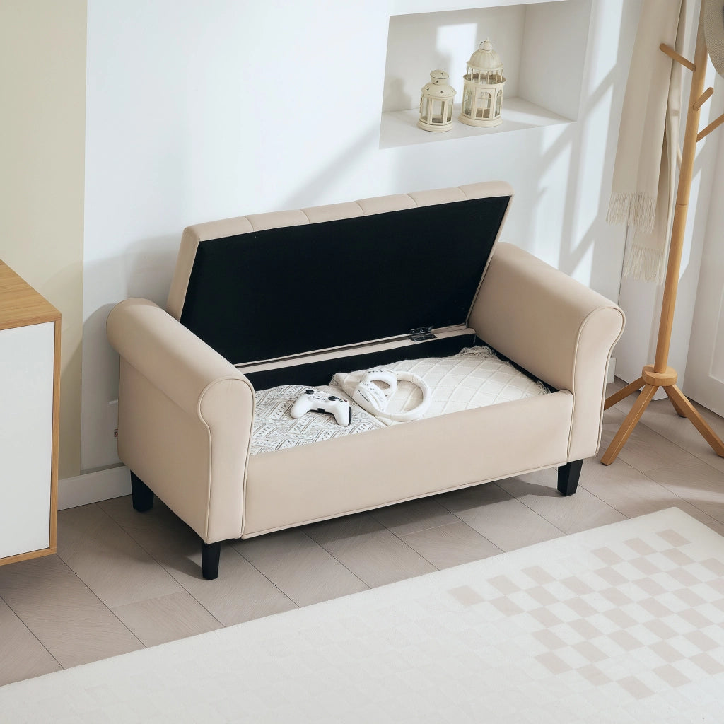 Panca Contenitore Fondoletto  126x48,5x57 cm con Braccioli Alti in Tessuto Effetto Velluto Beige