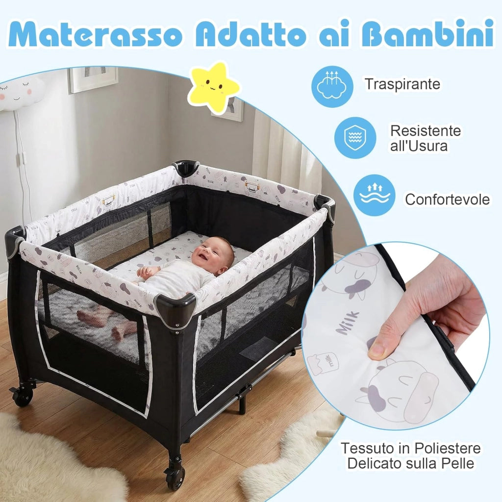 Culla Campeggio Bambini 5 in 1, Lettino Viaggio Neonati Pieghevole con Materasso, Fasciatoio e Tettoia, Box Portatile con Ruote, 2 Giocattoli Appesi e Carillon, per Bambini 0-3 Anni (Bianco)