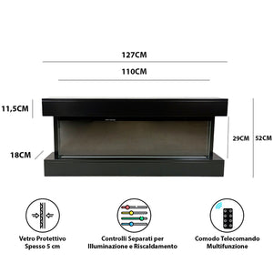 Camino Elettrico da Parete o Incasso Alaro Plus 127x18x52 cm Effetto Fiamma Telecomando in MDF Nero