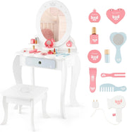 Toeletta Trucco 2 in 1 per Bambina, Specchiera Staccabile per Ragazza in Legno con Sgabello, Cassetto, Ripiani e Giocattoli, Postazione Trucco per 3 Anni, 50 x 34 x 93 cm, Bianco（Modello 1）