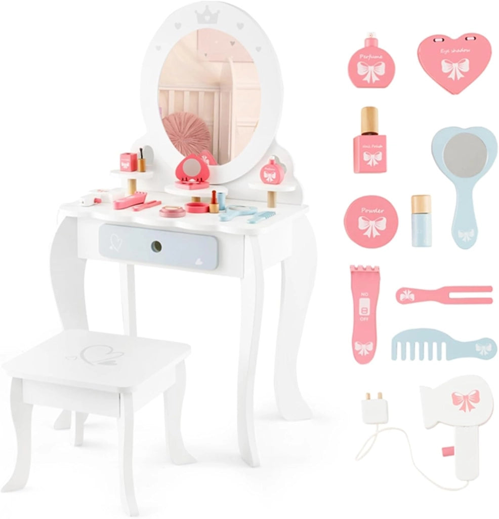 Toeletta Trucco 2 in 1 per Bambina, Specchiera Staccabile per Ragazza in Legno con Sgabello, Cassetto, Ripiani e Giocattoli, Postazione Trucco per 3 Anni, 50 x 34 x 93 cm, Bianco（Modello 1）