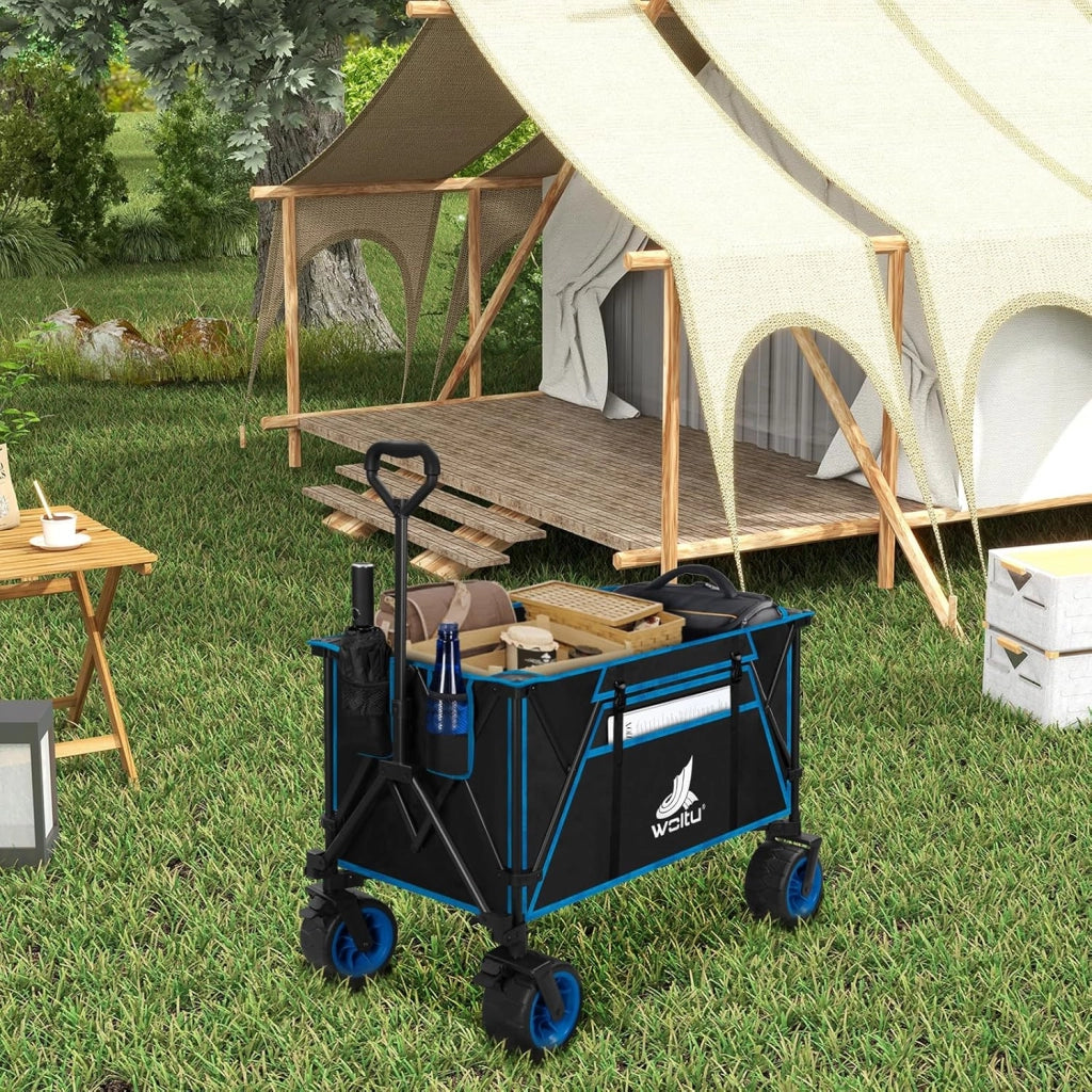 Carrello Pieghevole con Ruote da Spiaggia, Carrello da Giardino, Campeggio, Viaggio, Spesa, Borsa di Trasporto, Oxford+Acciaio, Nero+Blu
