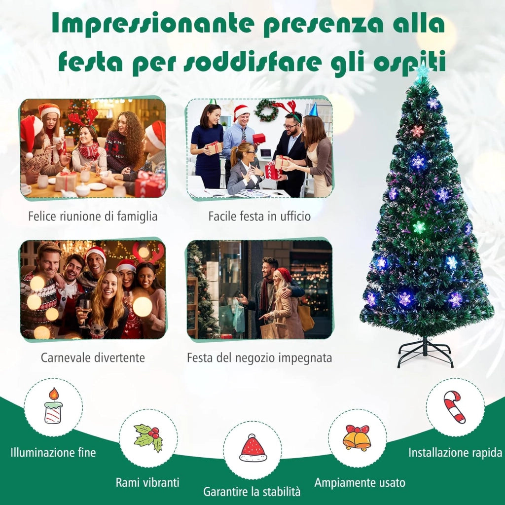 Albero di Natale 180 cm, con Luci LED, Rami Densi, Stelle Luminosi e Fibre Ottiche, Albero di Natale Realistico per Casa, Ufficio e Negozio, Verde (180 cm)