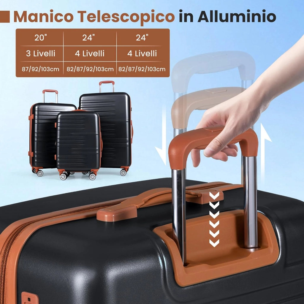 Set di Valigie Rigide 3 Pezzi, Set Valigia da Viaggio in ABS con TSA Lucchetto, Manico Telescopico in Alluminio e Ruote Piroettanti, 20", 24", 28" (Nero)