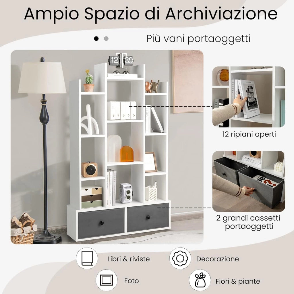 Libreria in Legno a 12 Piani, Scaffale Multifunzionale con 2 Cassetti e 12 Scomparti, Scaffale Espositivo per Soggiorno Studio Ufficio, 80x24x132 cm (Bianco, 2 cassetti)