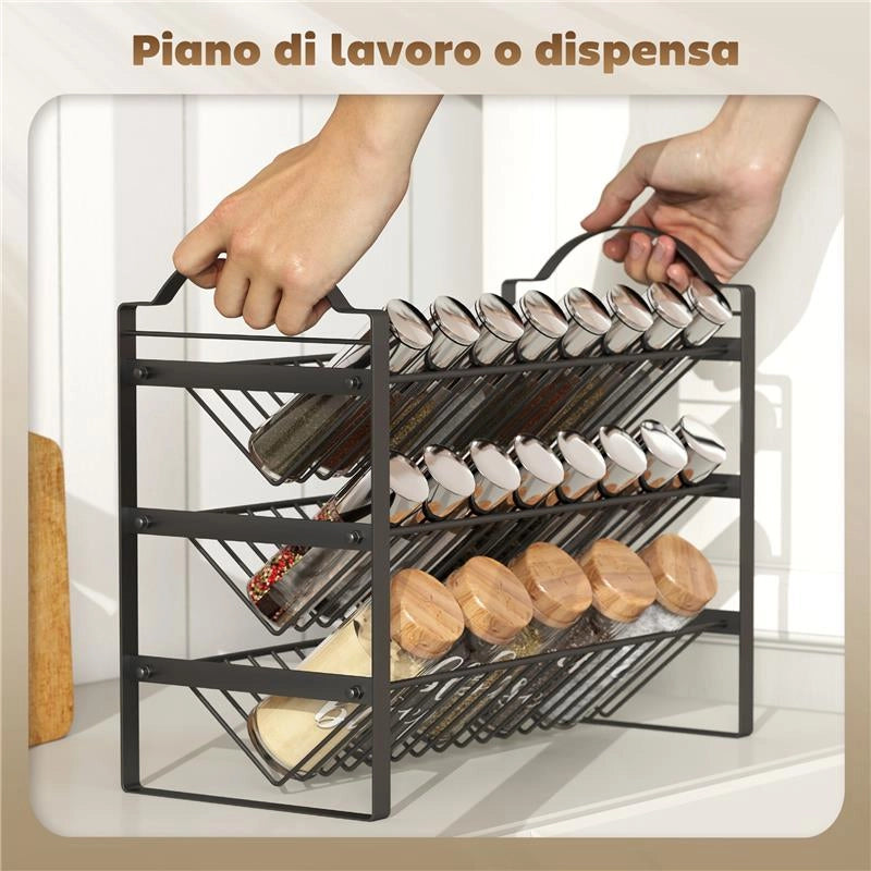 PORTASPEZIE DA CUCINA A 3 LIVELLI, ORGANIZER SALVASPAZIO CON RIPIANI INCLINATI IN METALLO, NERO