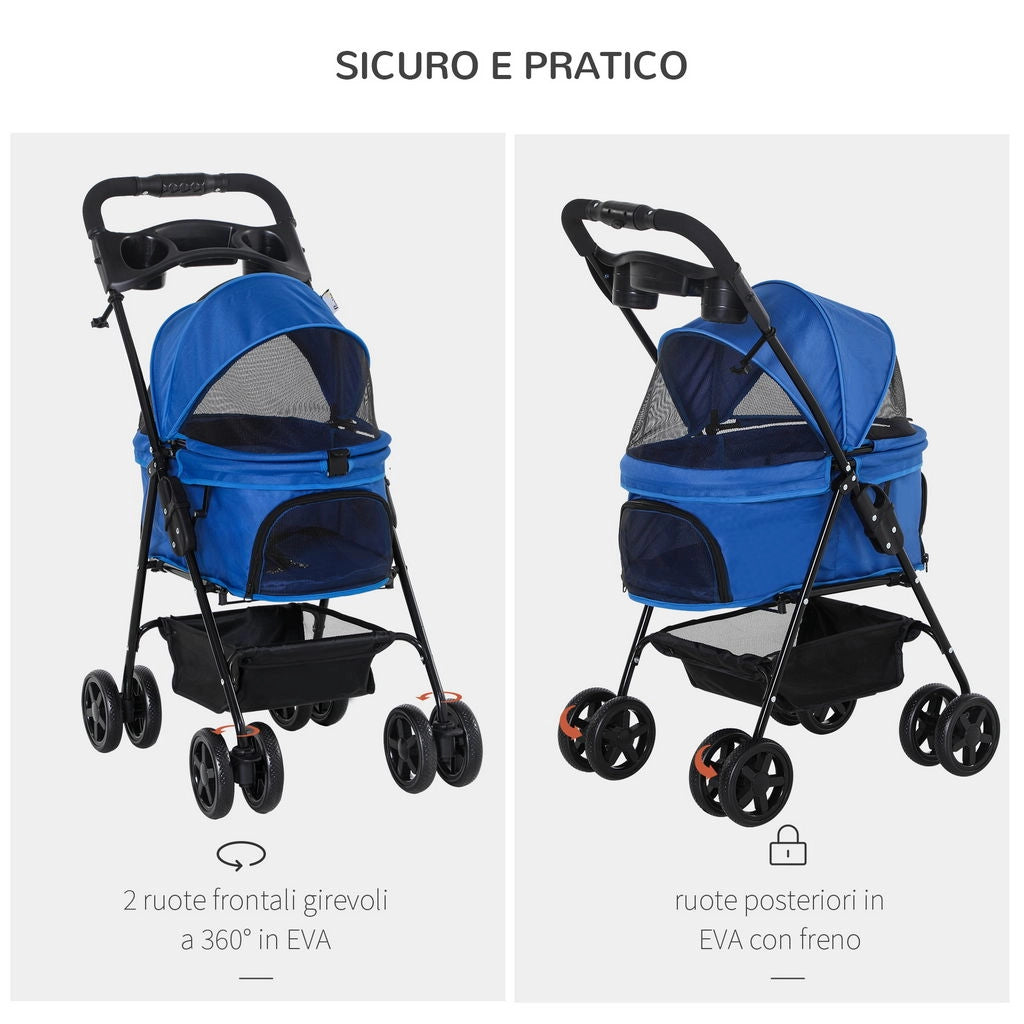 PASSEGGINO PER CANI PIEGHEVOLE CON GUINZAGLIO DI SICUREZZA E CESTINO PORTAOGGETTI, BLU
