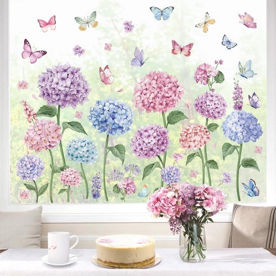 Sticker per Finestre Fiori Blu Grandi Sticker per Finestre Fiori Viola Rosa Hortensie Viti Fiori per Finestre Sfondi per Finestre con Protezione Antiriflesso Sticker per Finestre Doppia Facia Fiori Primavera Estate