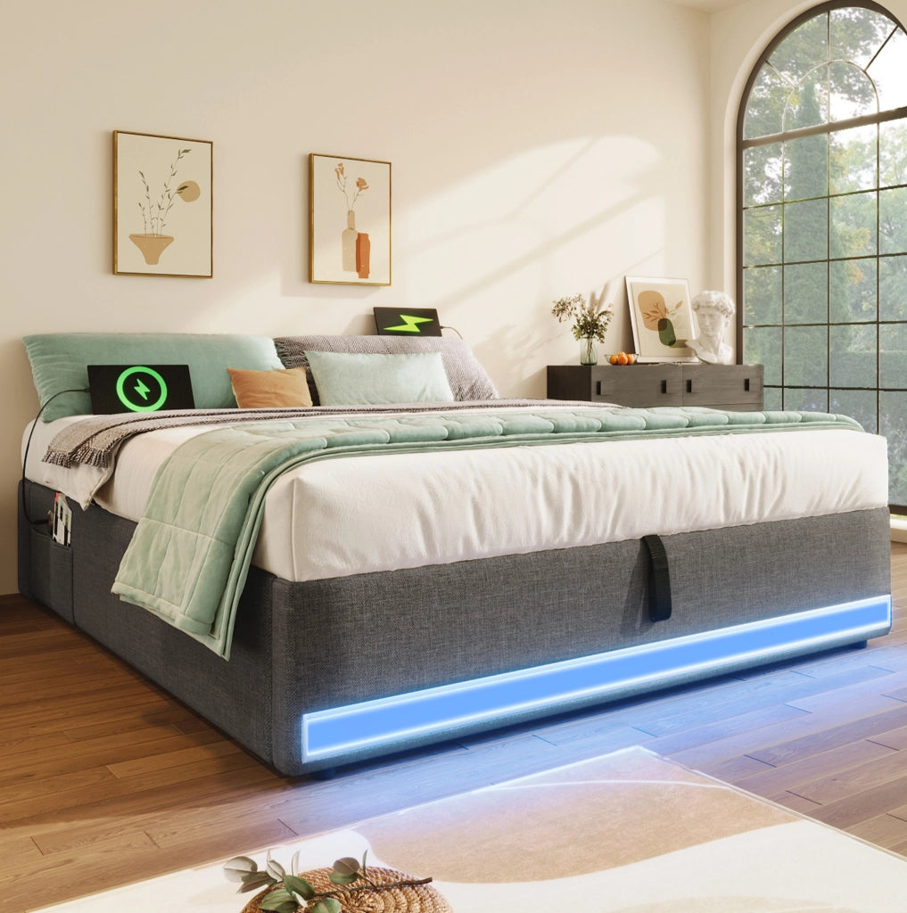 Letto imbottito 140 x 200 cm con vano contenitore idraulico; LED; USB e Type-C; grigio