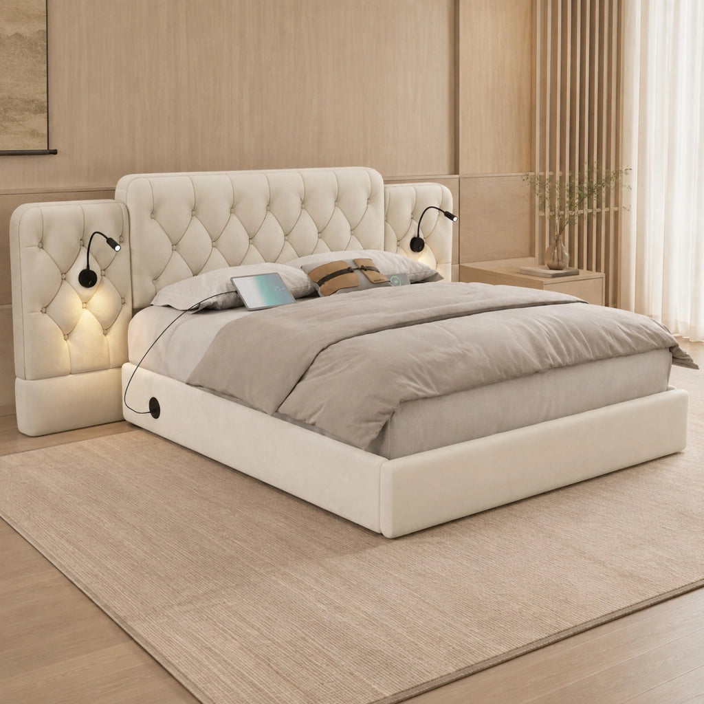 Letto contenitore 160 × 200 cm 2 posti con luce da lettura, USB, vano idraulico, senza materasso, beige