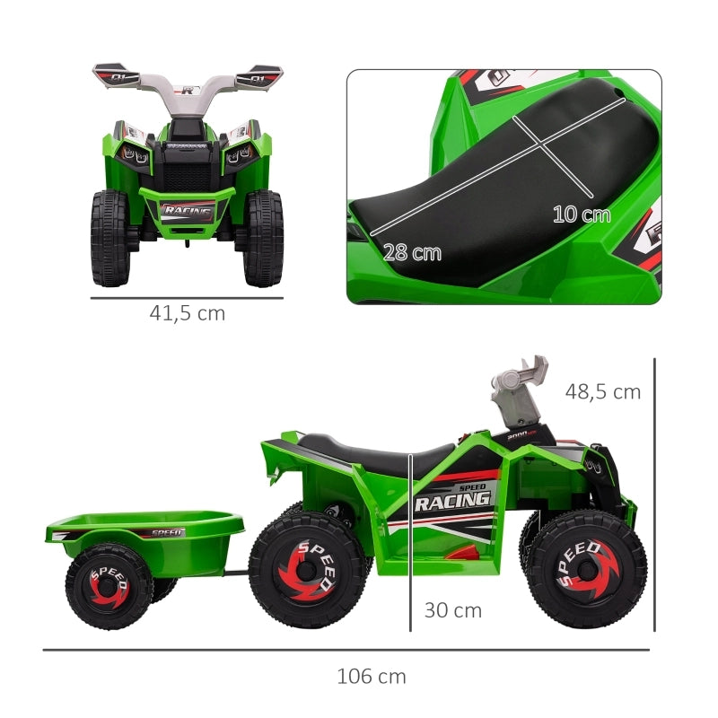 Quad per bambini, ricaricabile, 2,5 km/h, con rimorchio, 50 min. di autonomia, per bambini da 1,5 a 3 anni, verde.