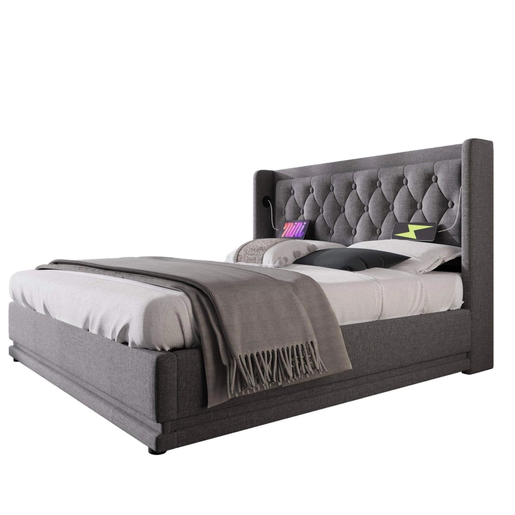 Letto matrimoniale imbottito 180x200 cm in cotone grigio con contenitore; LED e USB Type-C