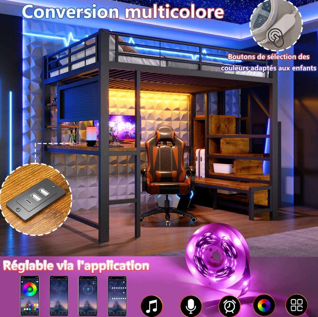 Letto a soppalco ULEVR 140x200 cm con scrivania, LED, USB e USB-C, ripiani e scala contenitore, nero
