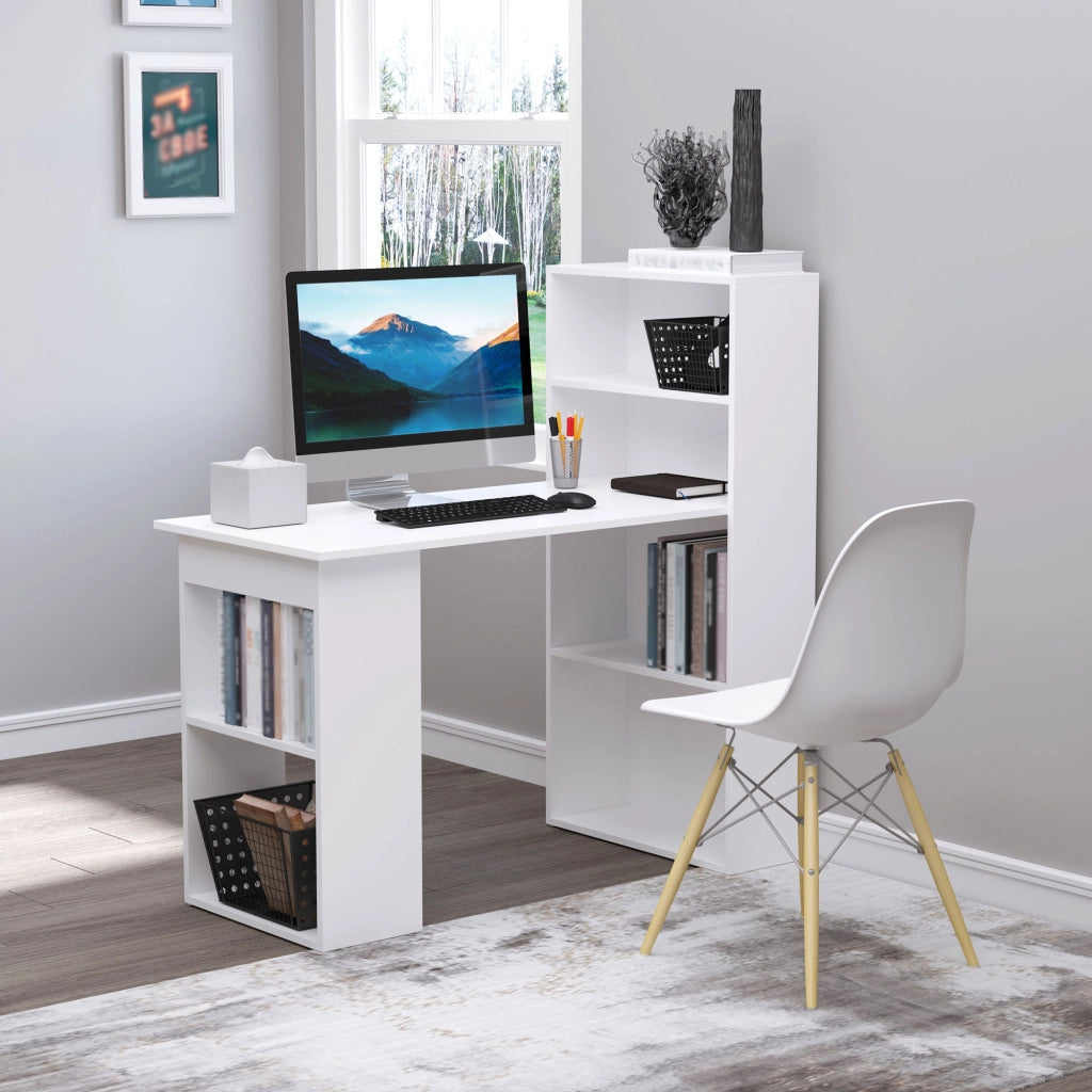 Scrivania lineare con 4 ripiani e 2 vani aperti per ufficio e home office, bianco, 120 × 55 × 120 cm
