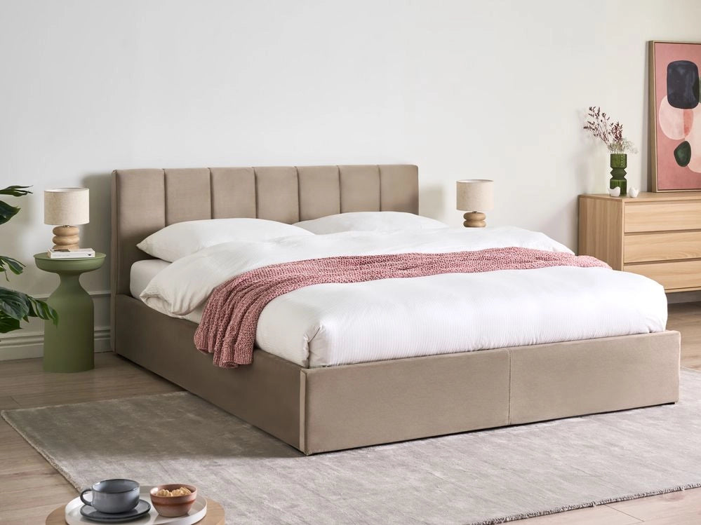 Letto matrimoniale contenitore Rivestimento in velluto beige 160 x 200 cm con testiera a doghe