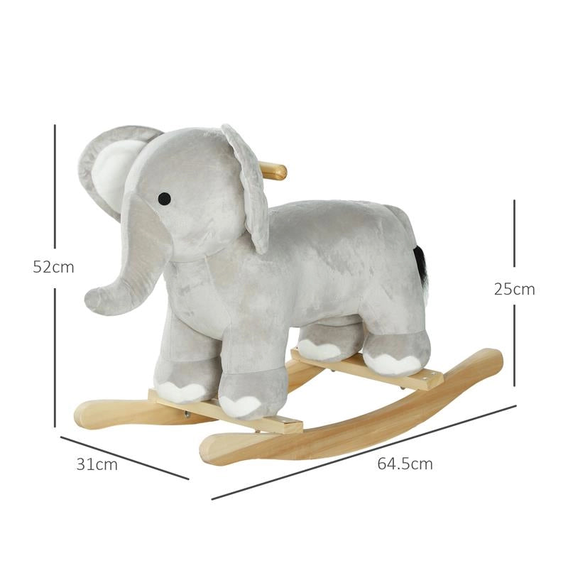 CAVALLO A DONDOLO PER BAMBINI 2-4 ANNI A FORMA DI ELEFANTE CON SUONI E RIVESTIMENTO MORBIDO 64.5X31X52 CM GRIGIO
